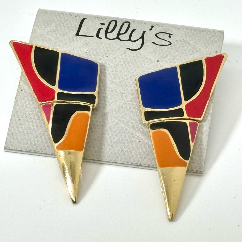 Vintage Lilly’s Red Orange Blue Black Gold  Enamel Geometric Dangle Earrings